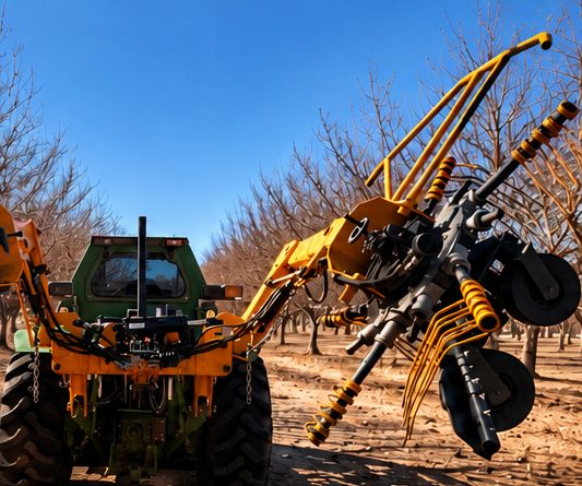 Orchard shaker equipment working between rows of nut trees